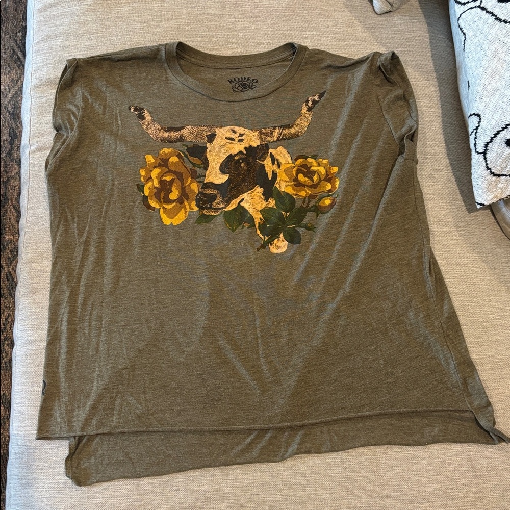Olive Green Graphic T-Shirt with Bull and Floral Design